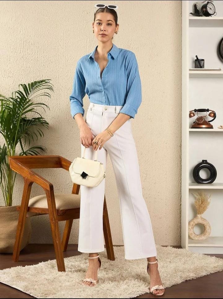 Women’s Sky Blue Spread Collar Casual Shirt
