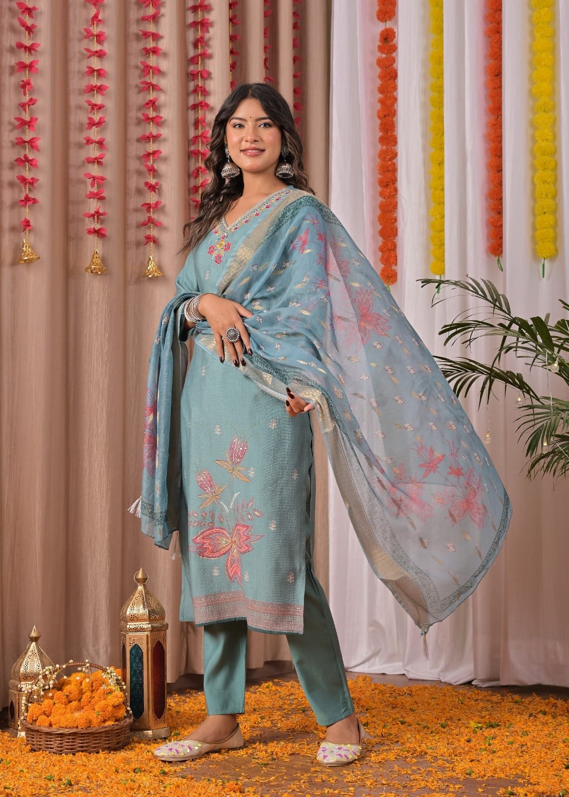 Women’s Soft Teal Banarasi Suit Set with Dupatta & Pant