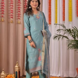 Women’s Soft Teal Banarasi Suit Set with Dupatta & Pant