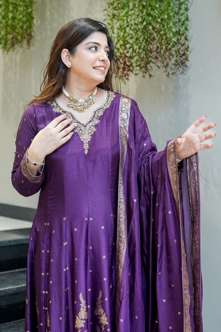 Premium Purple Banarasi Anarkali Suit Set for Women