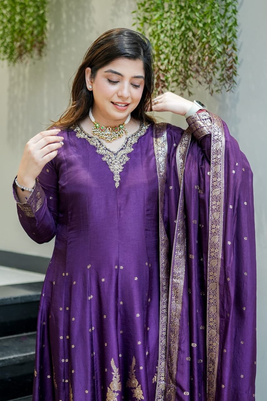 Premium Purple Banarasi Anarkali Suit Set for Women
