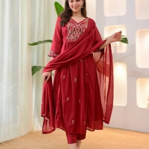 Maroon Cotton Embroidered Kurti Set with Pant & Dupatta