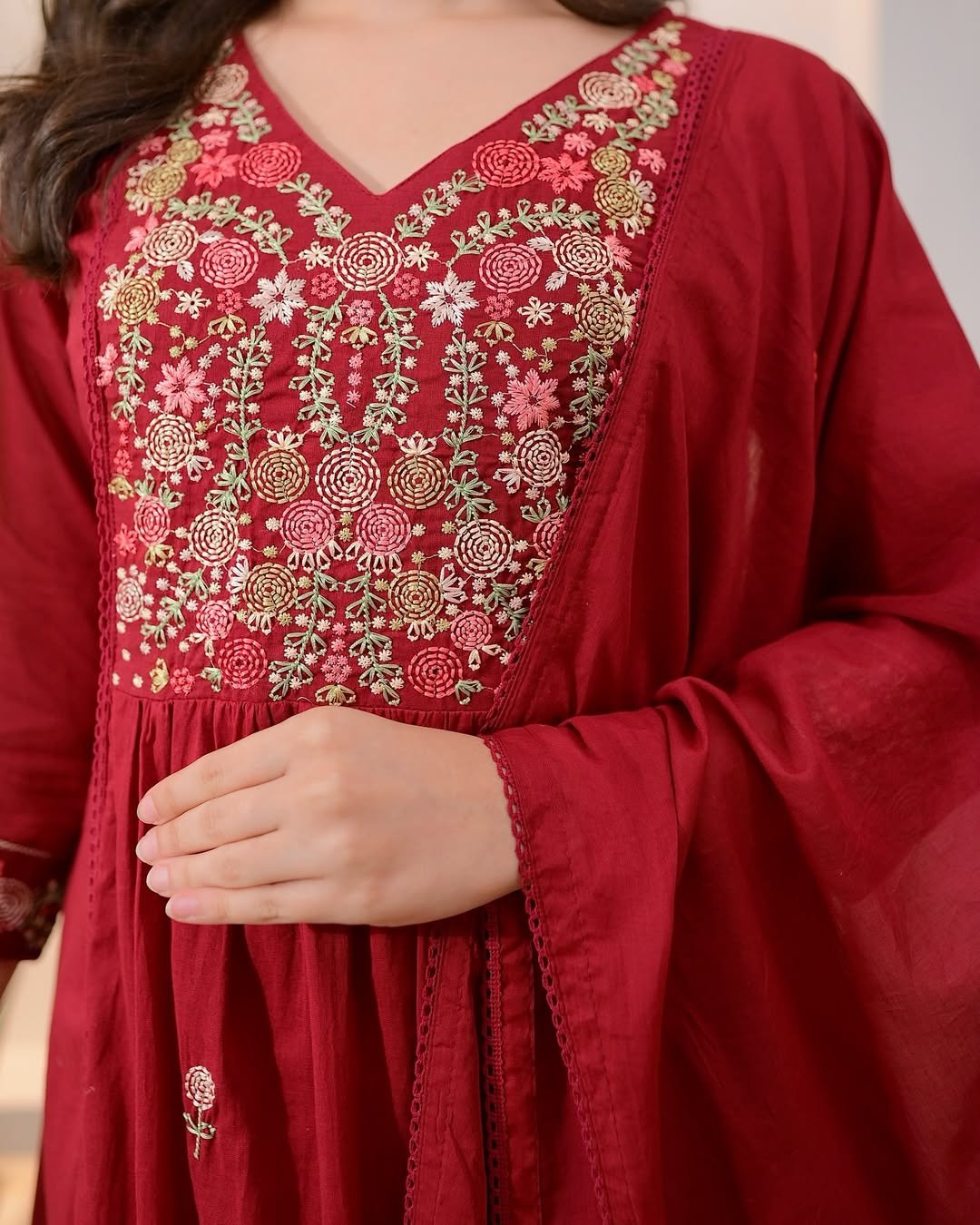 Maroon Cotton Embroidered Kurti Set with Pant & Dupatta