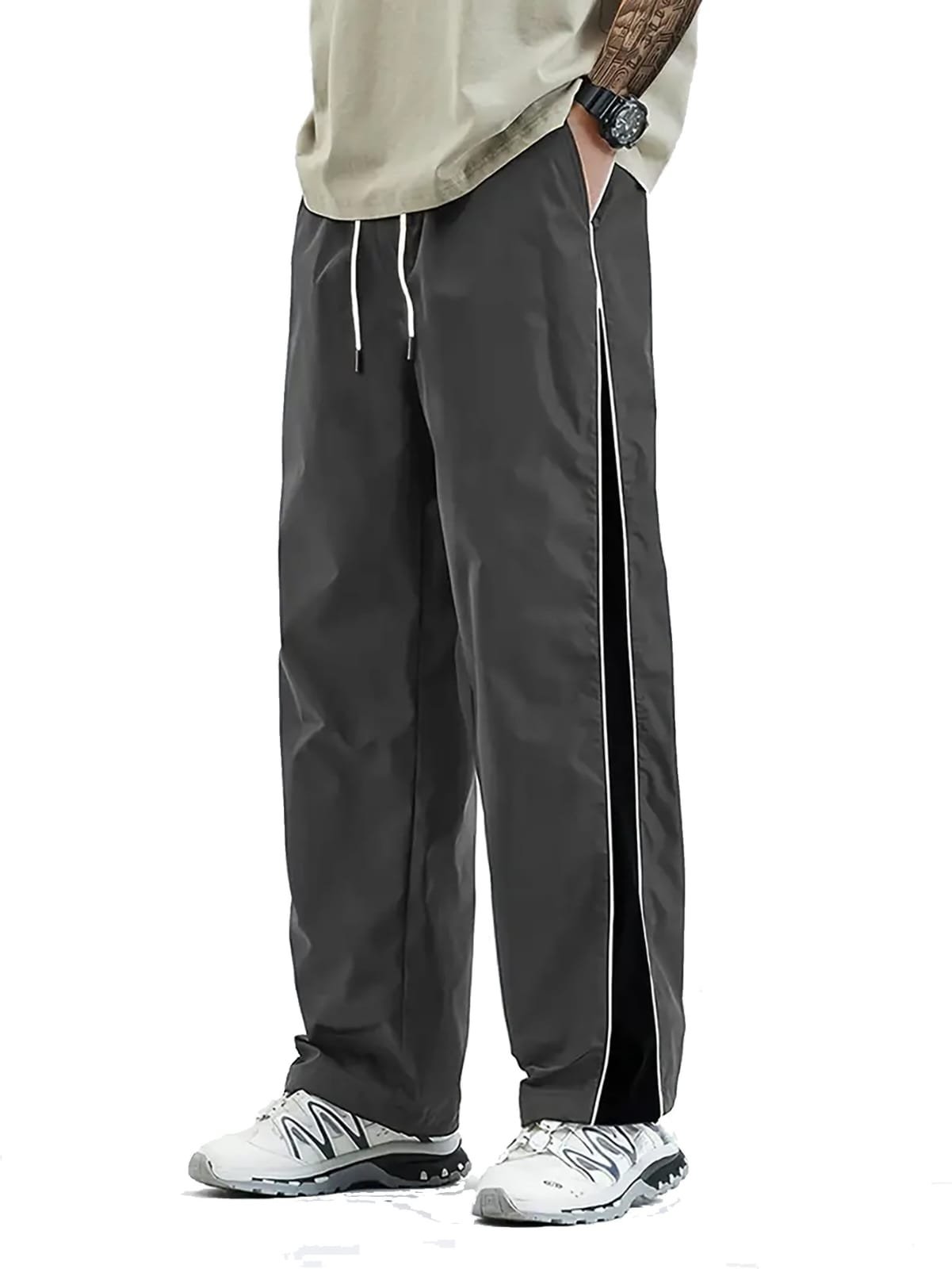 Men Striped Grey & Black Track Pants