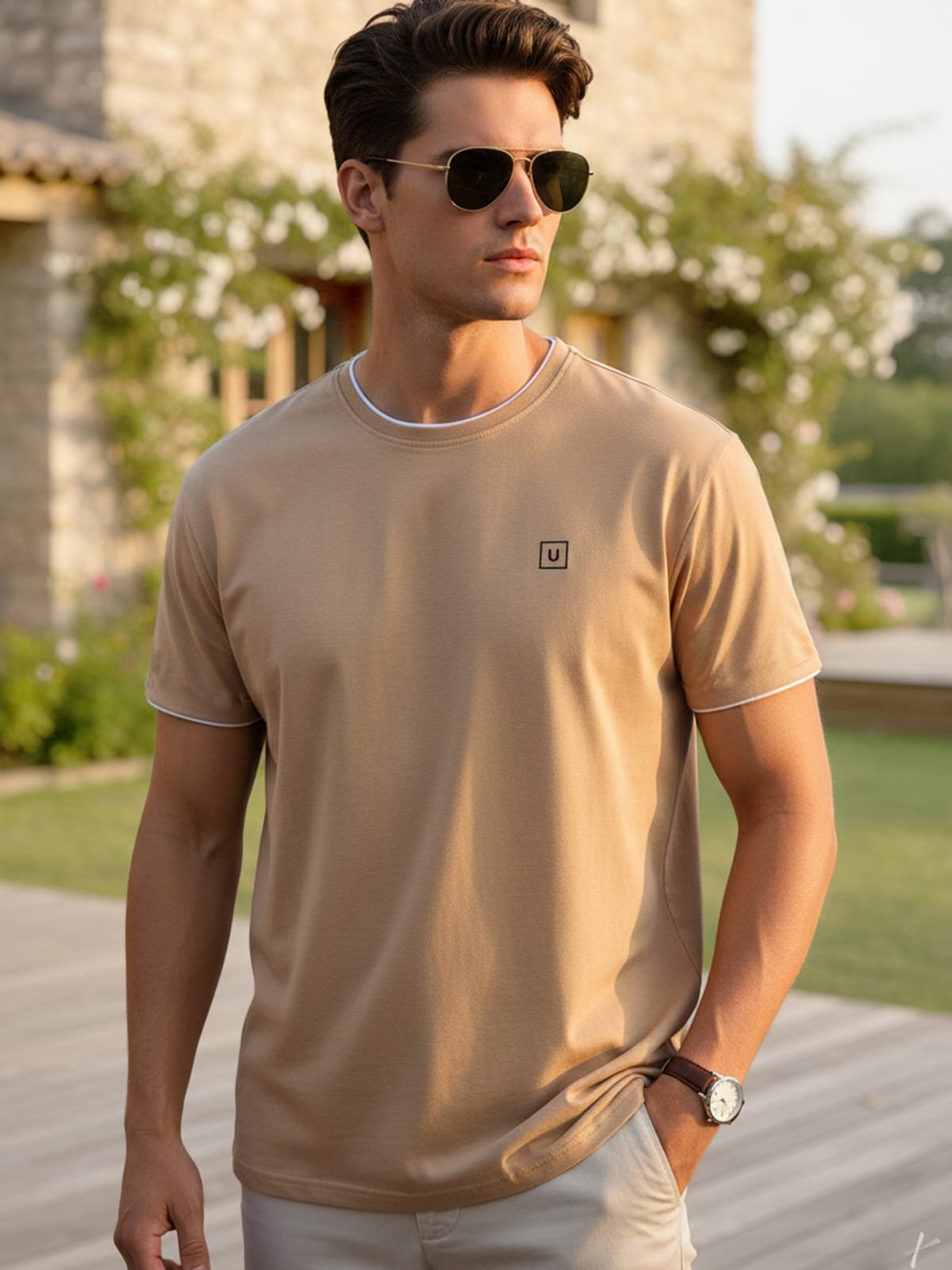 Men Solid Round-Neck Pure Cotton Brown T-Shirt