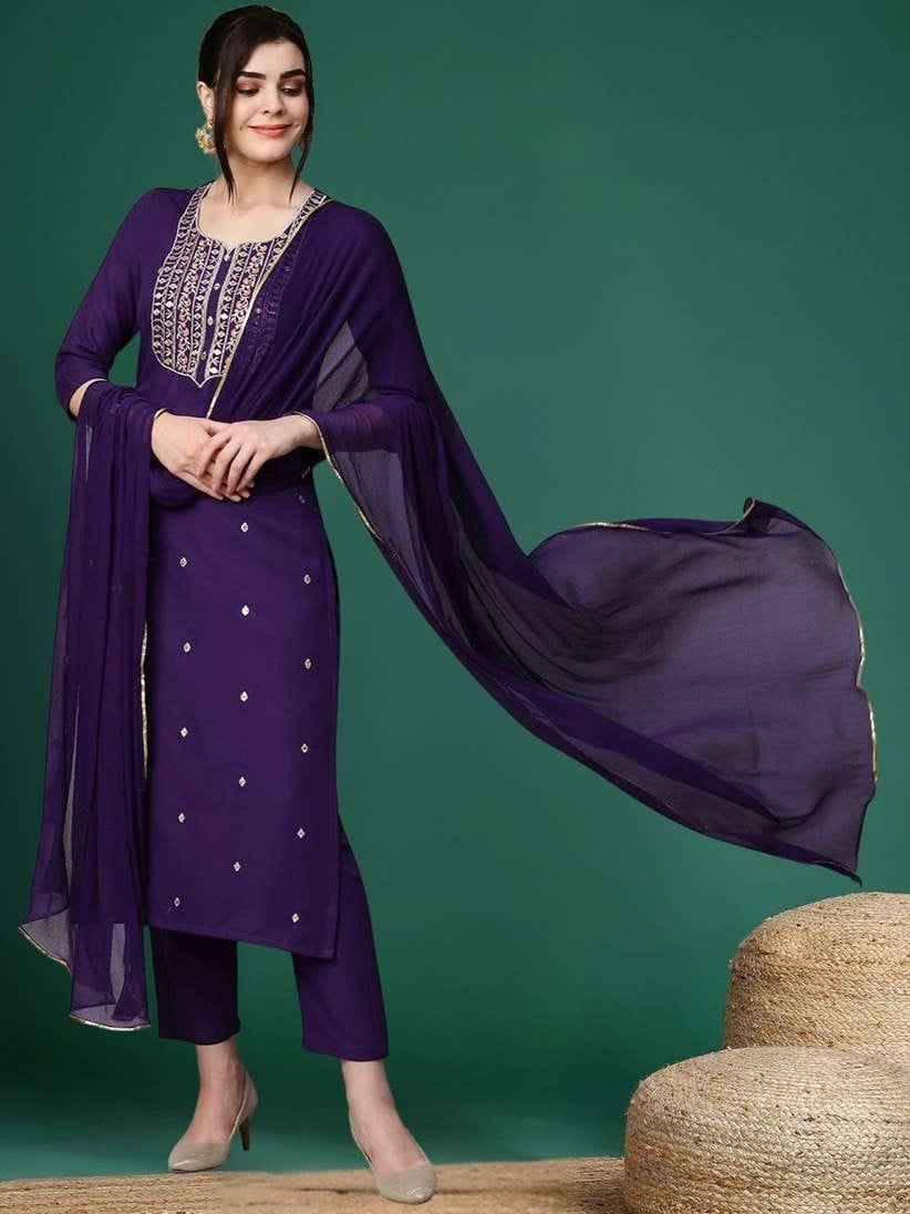 Women Purple Kurta, Pyjama & Dupatta Set