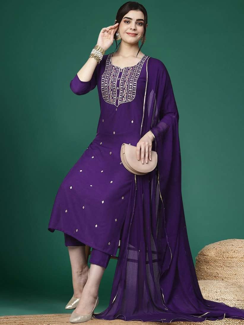 Women Purple Kurta, Pyjama & Dupatta Set