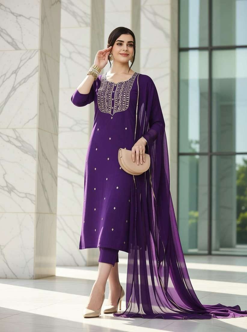 Women Purple Kurta, Pyjama & Dupatta Set