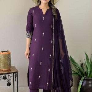 Women’s Embroidered Kurta, Salwar & Dupatta Set — Purple | S • M • L • XL • XXL