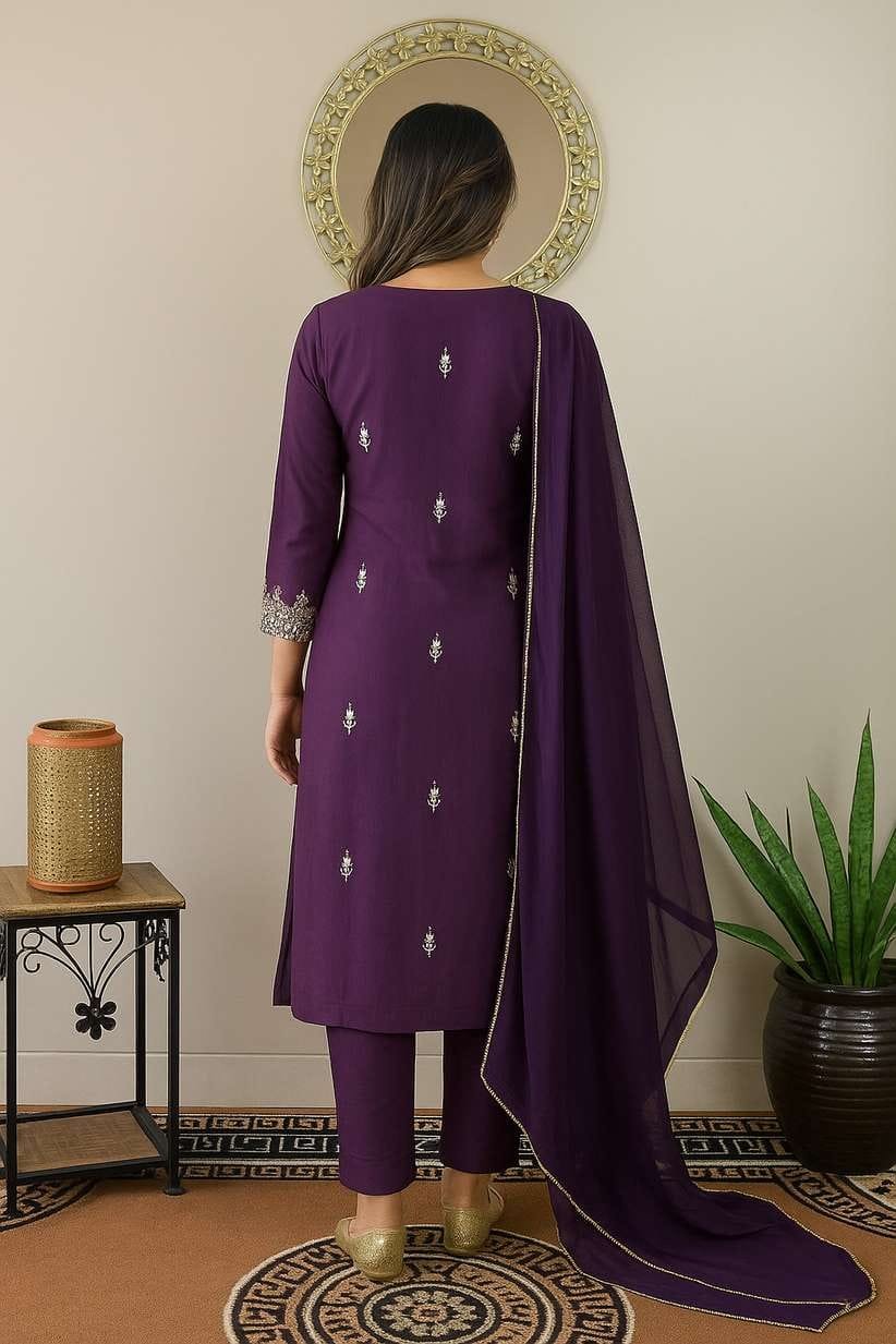 Women's Embroidered Kurta, Salwar & Dupatta Set — Purple | S • M • L • XL • XXL