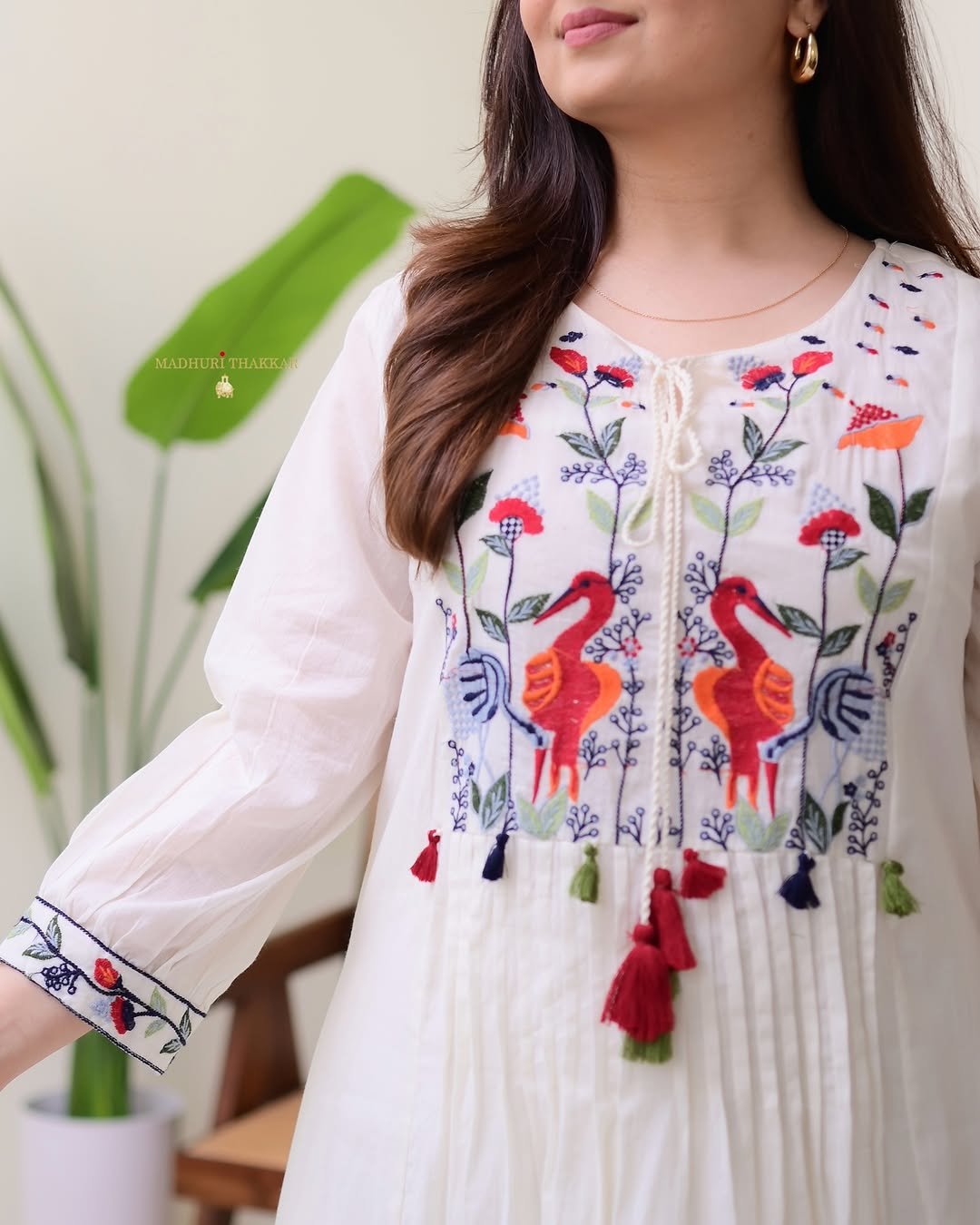 Embroidered White Cotton A-Line Kurta with Hand-Tassels & Bird Motif