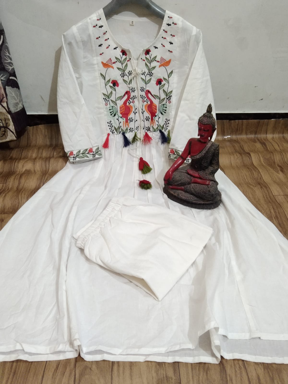 Embroidered White Cotton A-Line Kurta with Hand-Tassels & Bird Motif