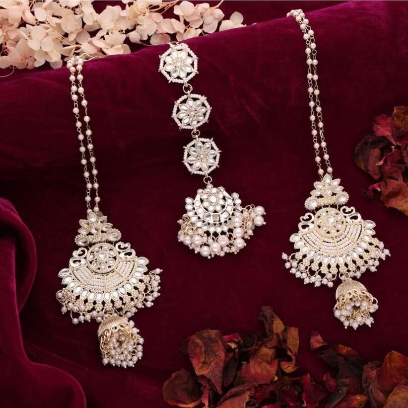 Pearl & Kundan-Style Jhumka Earrings with Matching Maang Tikka