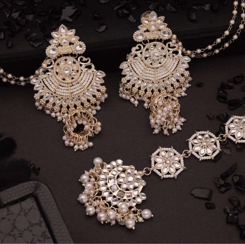 Pearl & Kundan-Style Jhumka Earrings with Matching Maang Tikka