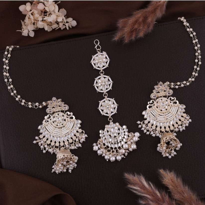 Pearl & Kundan-Style Jhumka Earrings with Matching Maang Tikka