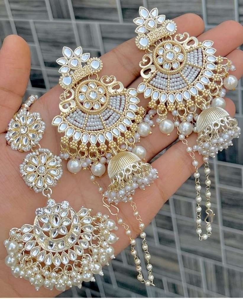 Pearl & Kundan-Style Jhumka Earrings with Matching Maang Tikka