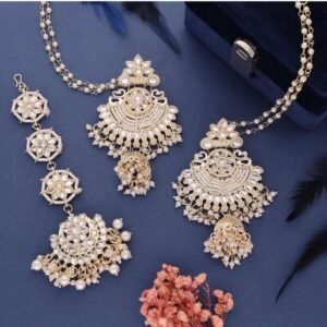 Pearl & Kundan-Style Jhumka Earrings with Matching Maang Tikka
