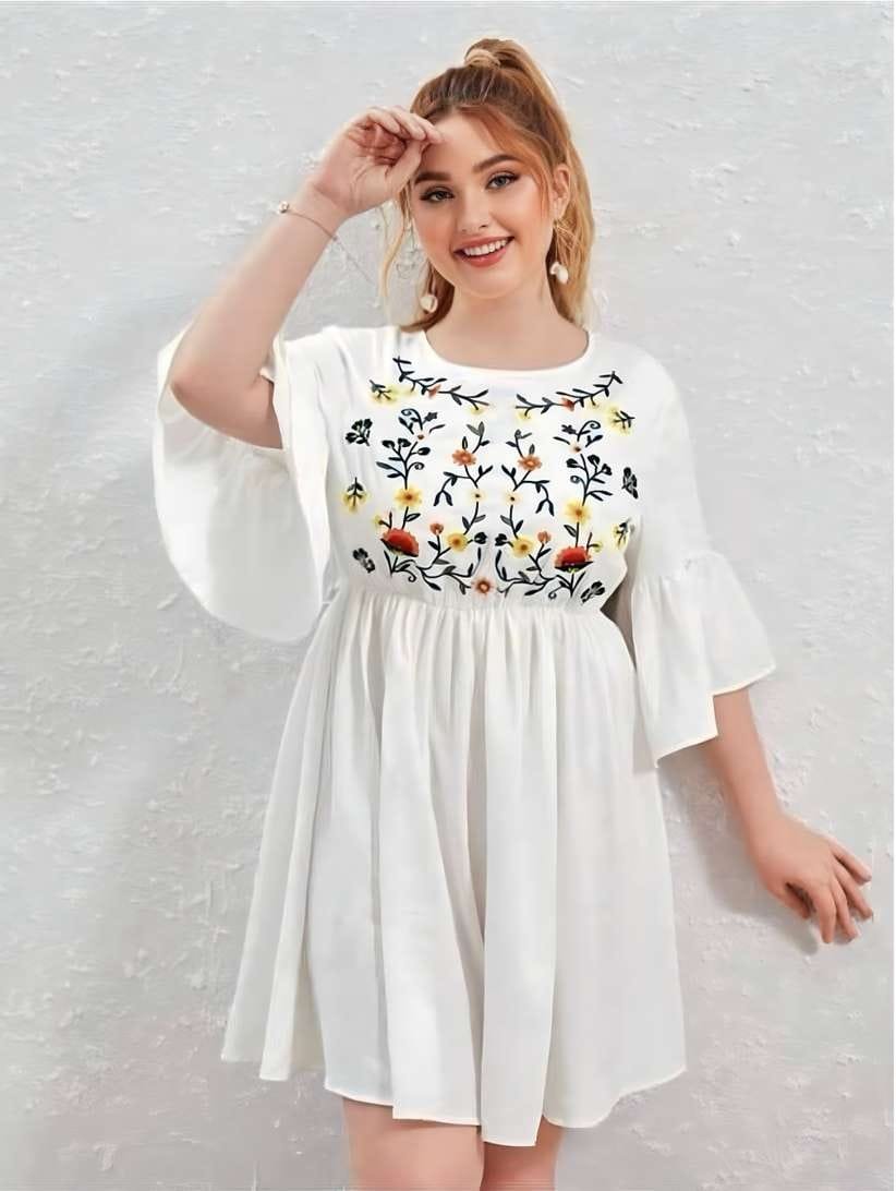 Embroidered White Babydoll Top | Flared Bell Sleeves |
