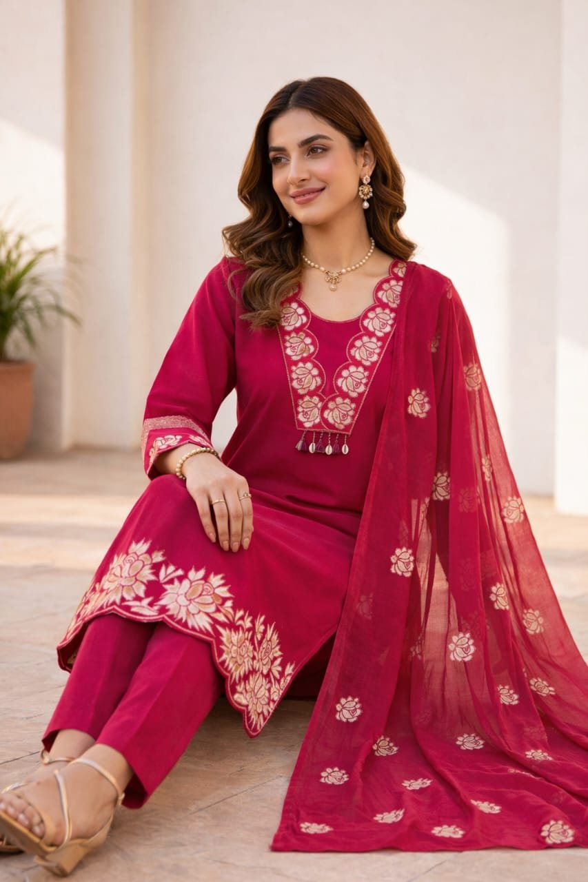 Women’s Embroidered Kurta Pant Set with Dupatta