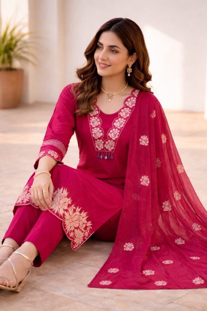 Women’s Embroidered Kurta Pant Set with Dupatta