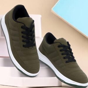 Men’s Olive Green Quilted Sneaker Shoes | Casual Lace-Up Low-Top Trainers with White Platform Sole | Lightweight Daily Wear Sneakers for Men