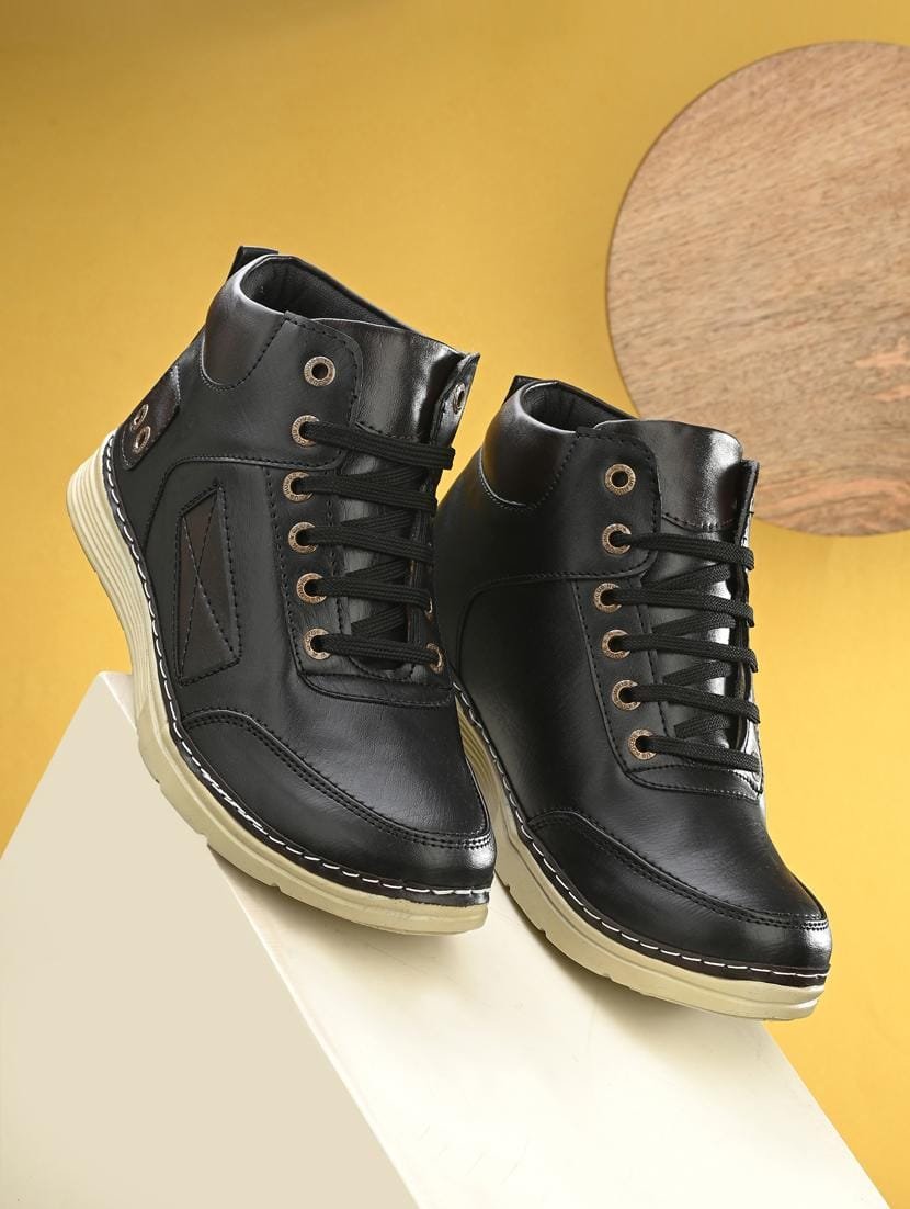 Men's Black High-Top Ankle Boots | Lace-Up Synthetic Leather Casual Boot with Cream Textured Sole | Stylish Outdoor and Party Wear Boots for Men