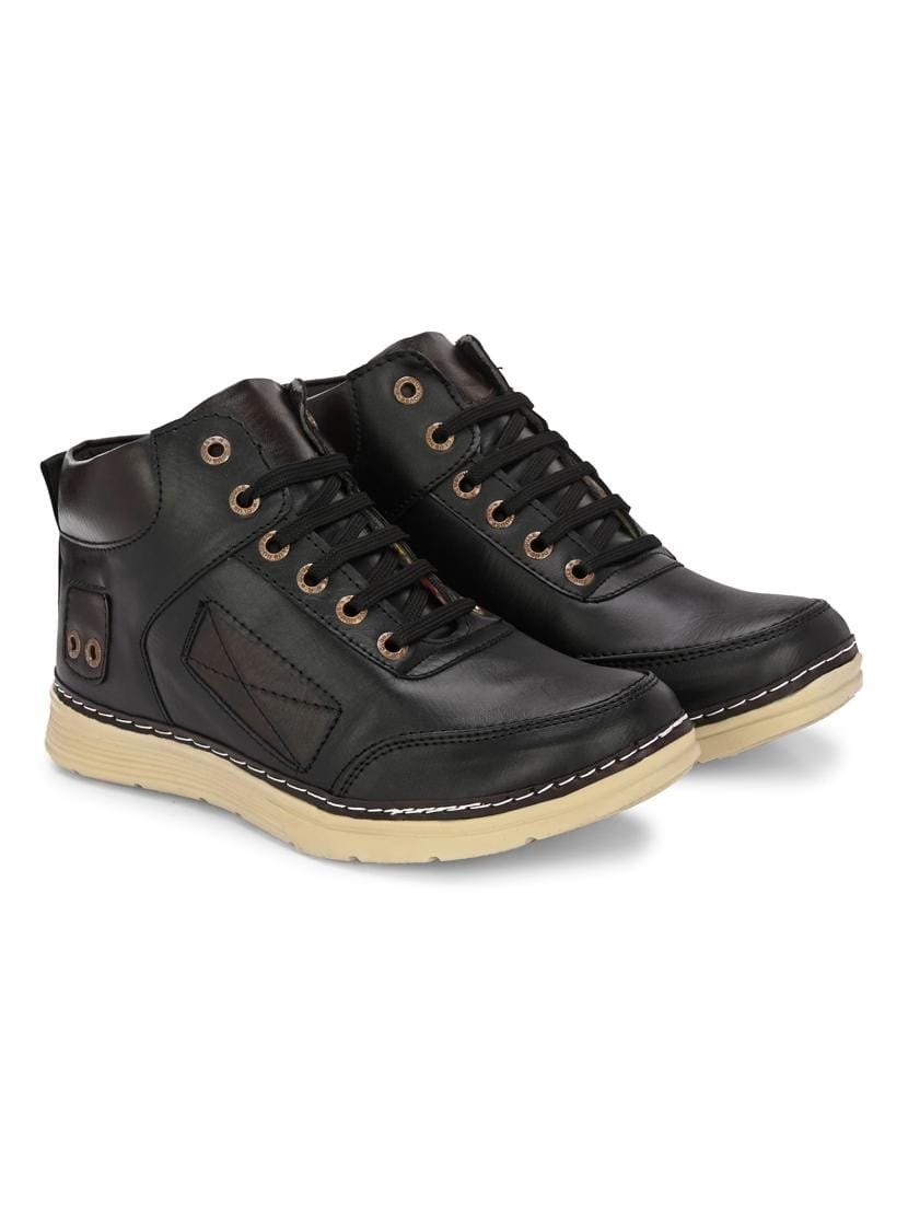 Men's Black High-Top Ankle Boots | Lace-Up Synthetic Leather Casual Boot with Cream Textured Sole | Stylish Outdoor and Party Wear Boots for Men