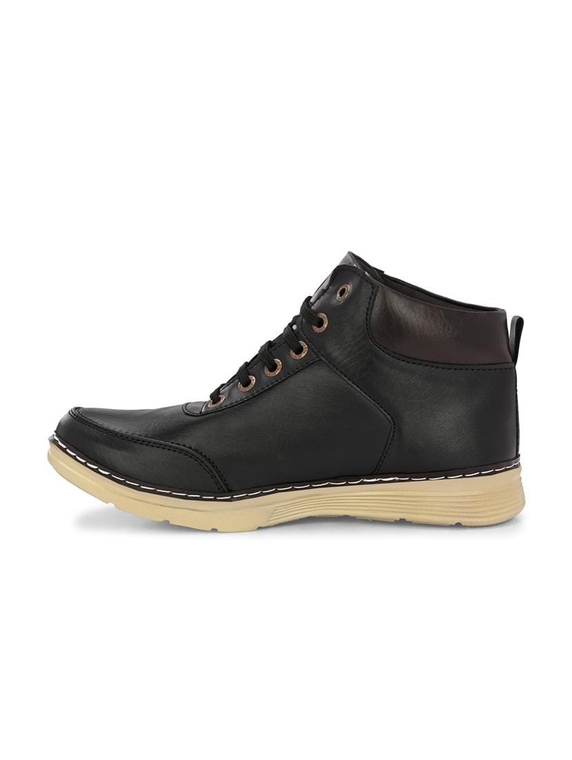 Men's Black High-Top Ankle Boots | Lace-Up Synthetic Leather Casual Boot with Cream Textured Sole | Stylish Outdoor and Party Wear Boots for Men