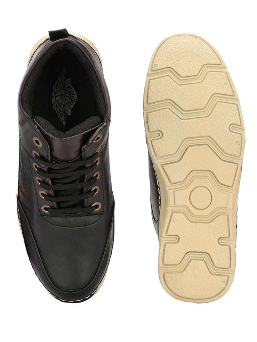 Men's Black High-Top Ankle Boots | Lace-Up Synthetic Leather Casual Boot with Cream Textured Sole | Stylish Outdoor and Party Wear Boots for Men