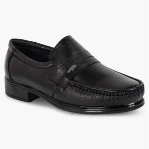 Men’s Black Formal Slip-On Loafer Shoes | Premium Synthetic Leather Office Shoes with Moc Toe and Block Heel | Classic Business Shoes for Men