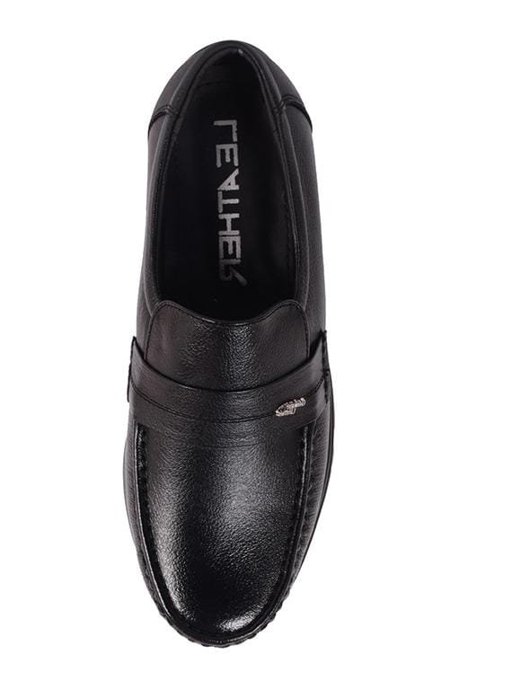 Men's Black Formal Slip-On Loafer Shoes | Premium Synthetic Leather Office Shoes with Moc Toe and Block Heel | Classic Business Shoes for Men