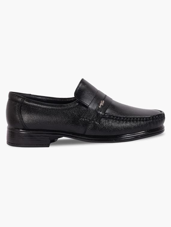 Men's Black Formal Slip-On Loafer Shoes | Premium Synthetic Leather Office Shoes with Moc Toe and Block Heel | Classic Business Shoes for Men