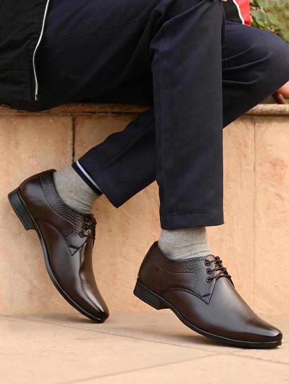 Men's Brown Derby Formal Shoes | Lace-Up Oxford Style with Textured Back Panel and Pointed Toe | Premium Office and Wedding Shoes for Men