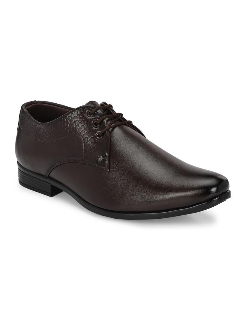 Men's Brown Derby Formal Shoes | Lace-Up Oxford Style with Textured Back Panel and Pointed Toe | Premium Office and Wedding Shoes for Men