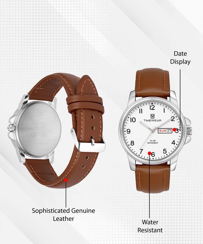Men's Slim Analog Watch with Silver Dial and Brown Baton Hands | Silver Stainless Steel Bracelet | Minimalist Formal Watch for Men | 30M Water Resistant