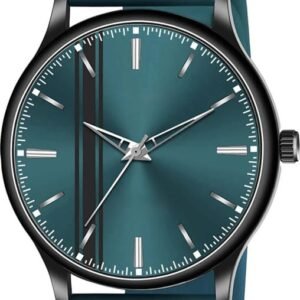 Generic Men’s Analog Watch with Green Carbon Fiber Texture Dial and Silver Stainless Steel Bracelet | Day and Date Display | 40mm Case | 30M Water Resistant | Office and Casual Watch for Men