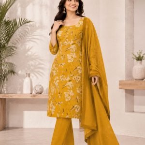 Women's Mustard Yellow Floral Printed Straight Kurta Set with Pant & Dupatta