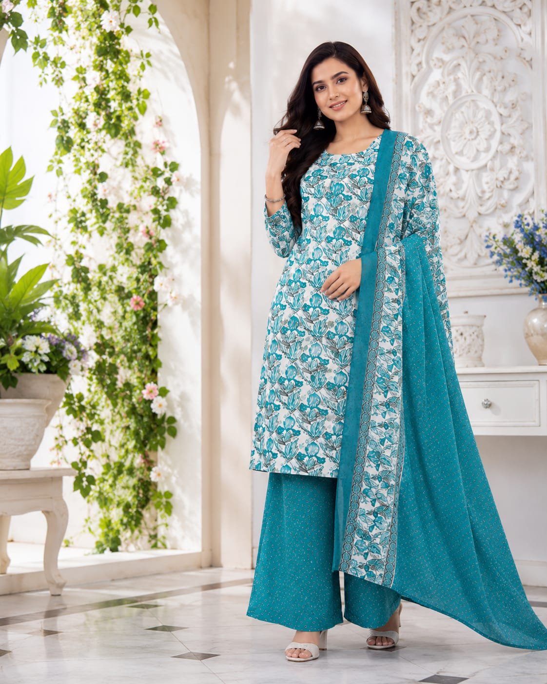 Women's Teal Floral Printed Cotton Blend Kurta Palazzo Set with Dupatta