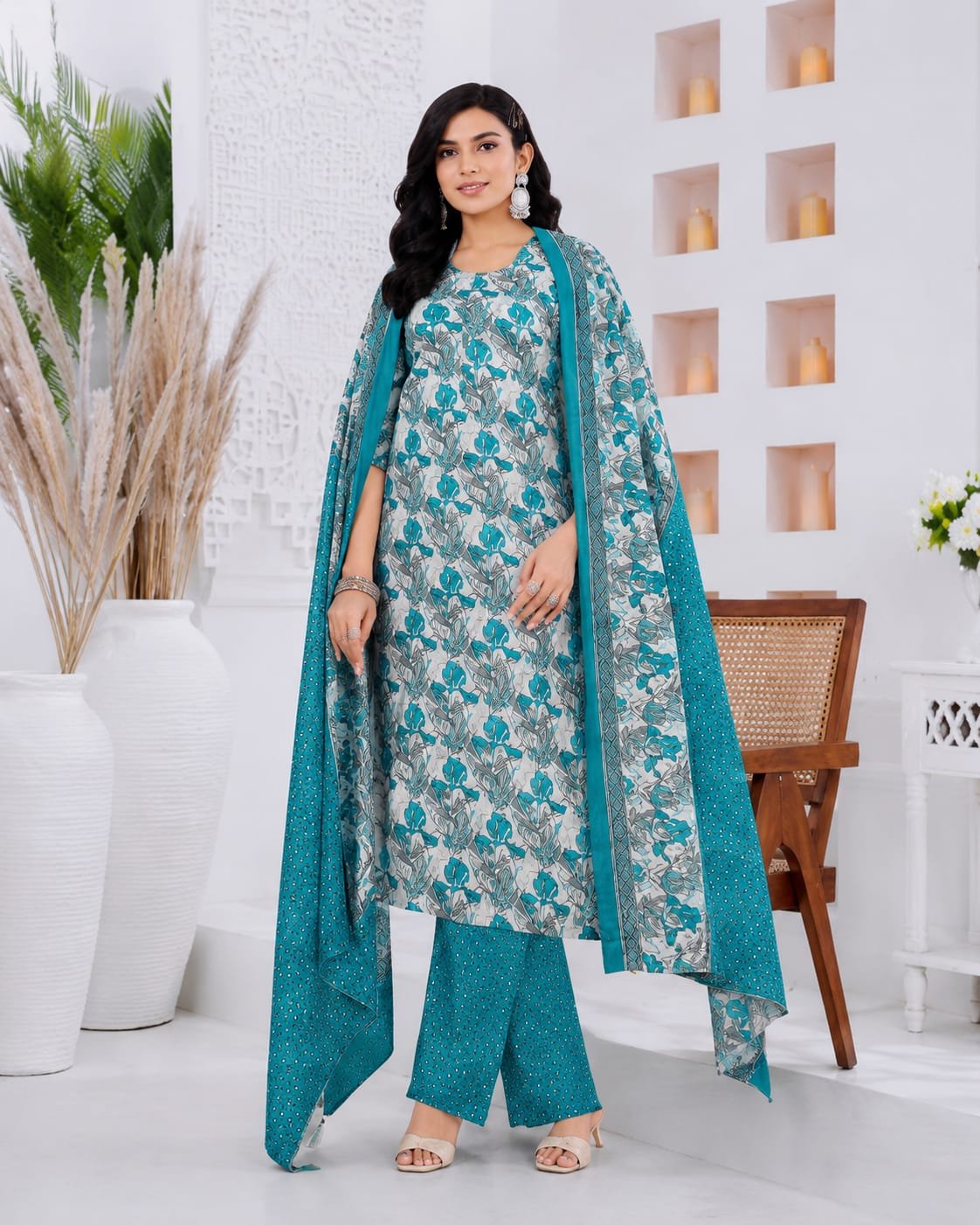 Women's Teal Floral Printed Cotton Blend Kurta Palazzo Set with Dupatta
