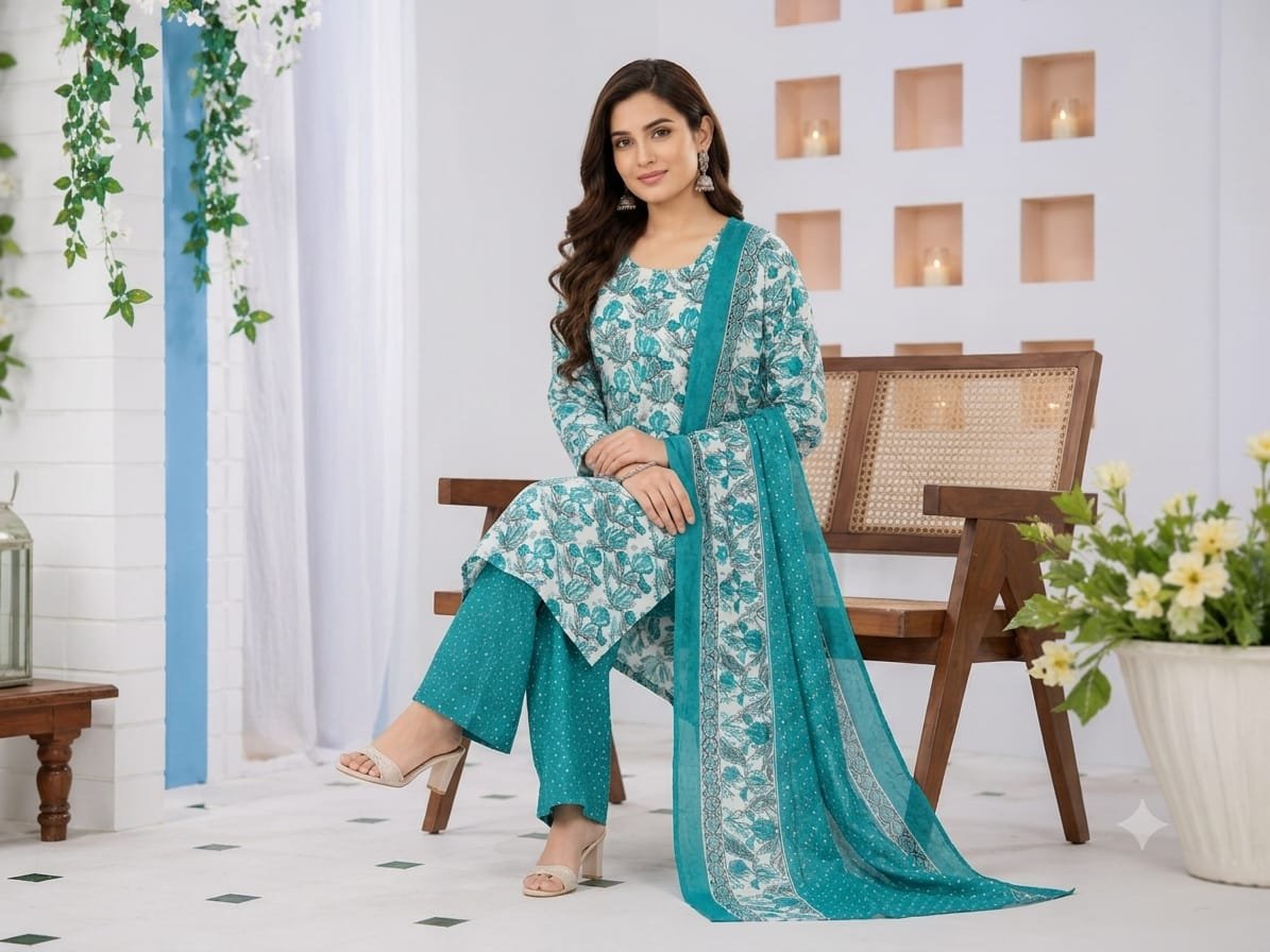 Women's Teal Floral Printed Cotton Blend Kurta Palazzo Set with Dupatta