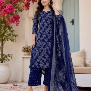 Women's Blue Printed Kurta Pant Set with Dupatta