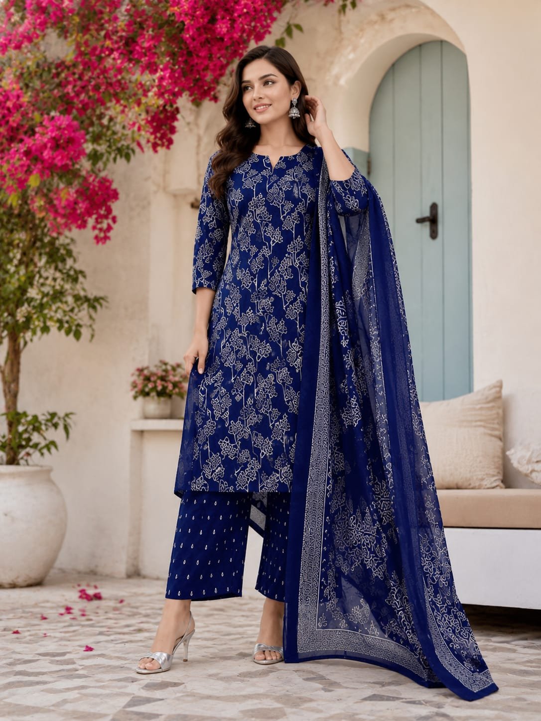 Women's Blue Printed Kurta Pant Set with Dupatta