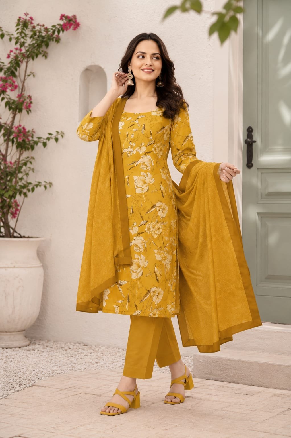 Women's Mustard Yellow Floral Printed Straight Kurta Set with Pant & Dupatta