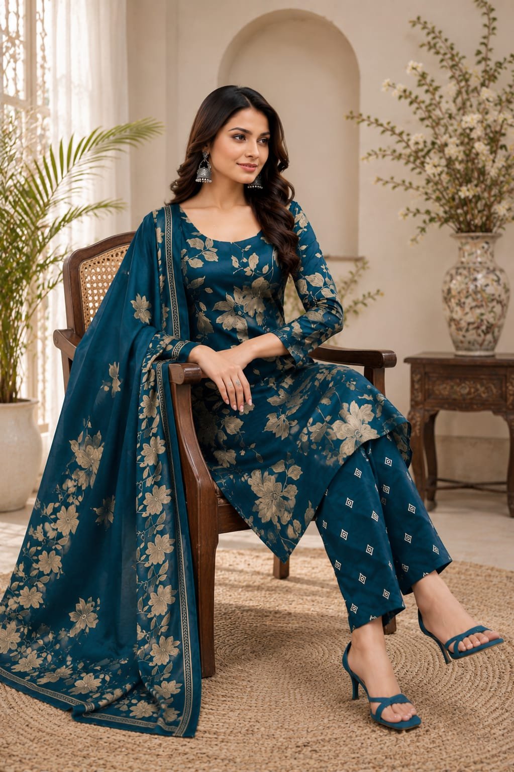 Women's Teal Blue Floral Printed Kurta Pant Dupatta Set