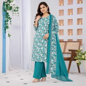 Women's Teal Floral Printed Cotton Blend Kurta Palazzo Set with Dupatta