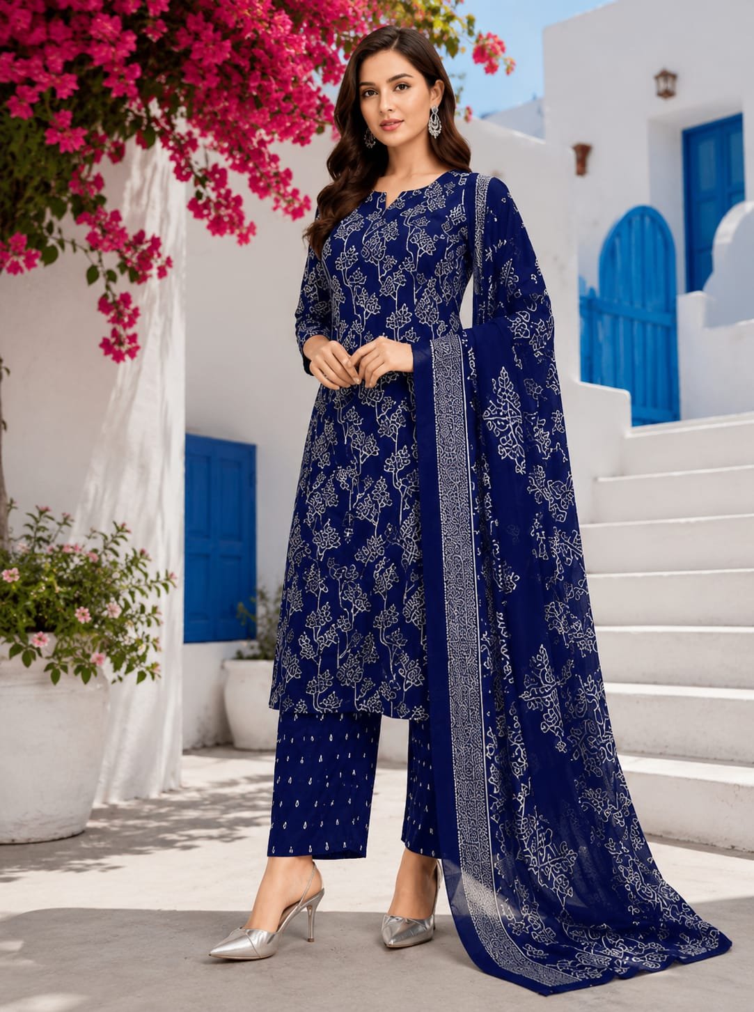 Women's Blue Printed Kurta Pant Set with Dupatta