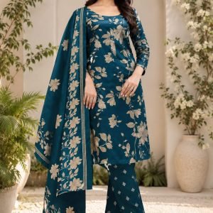 Women's Teal Blue Floral Printed Kurta Pant Dupatta Set