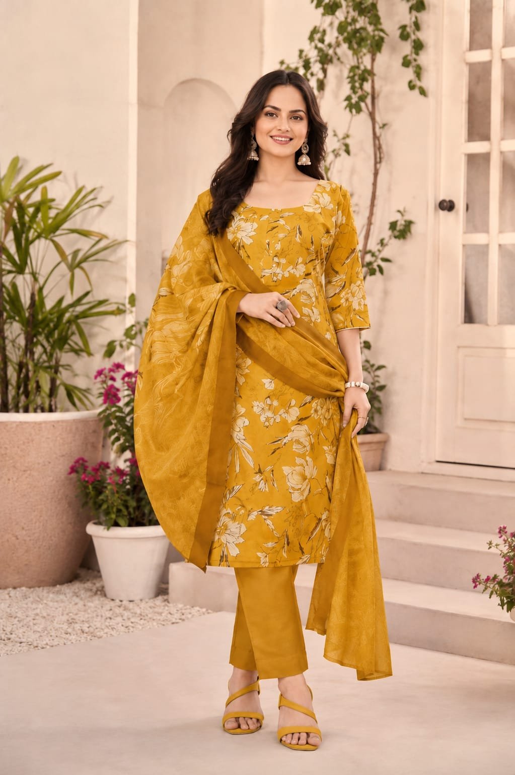 Women's Mustard Yellow Floral Printed Straight Kurta Set with Pant & Dupatta
