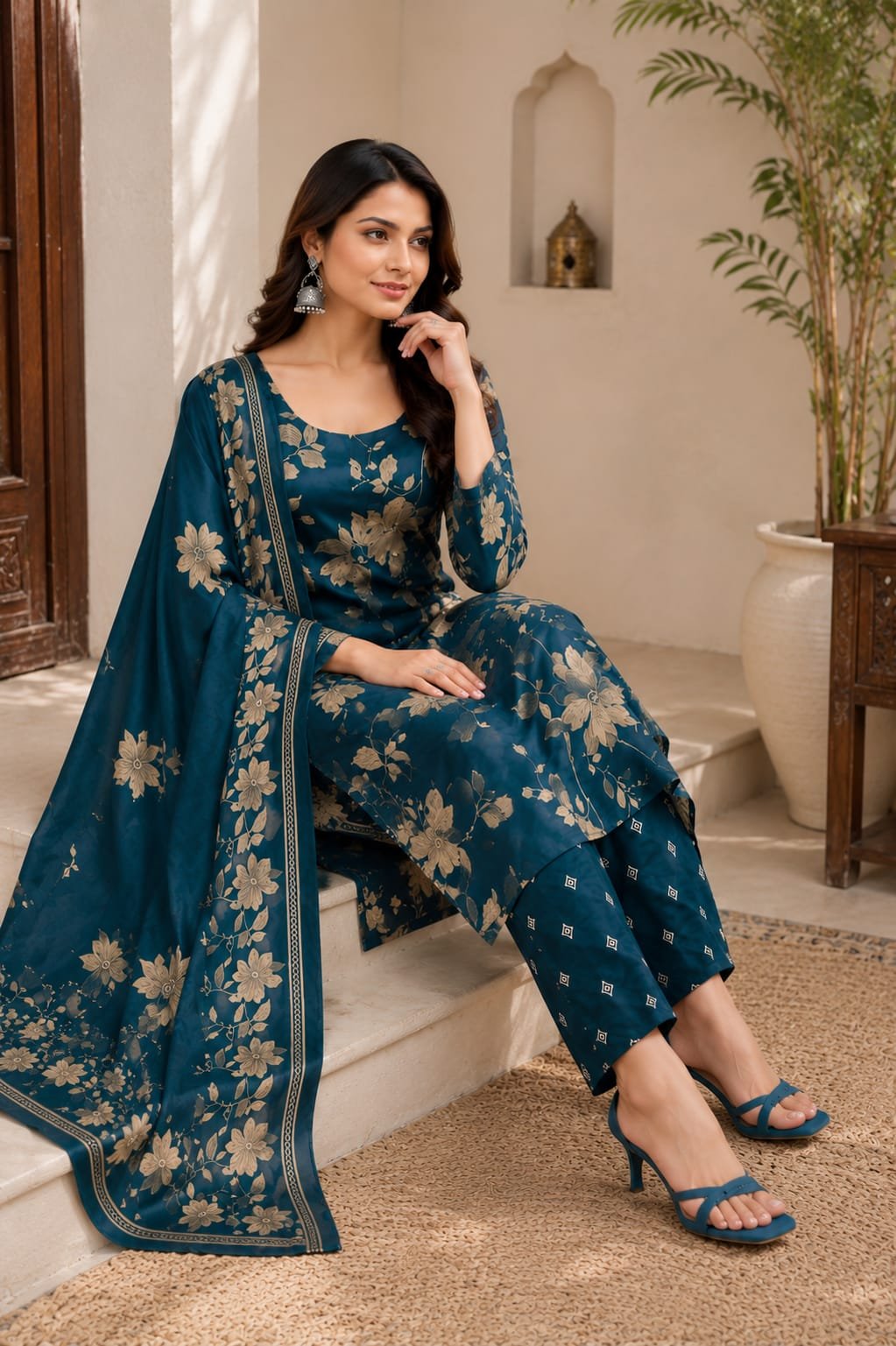 Women's Teal Blue Floral Printed Kurta Pant Dupatta Set