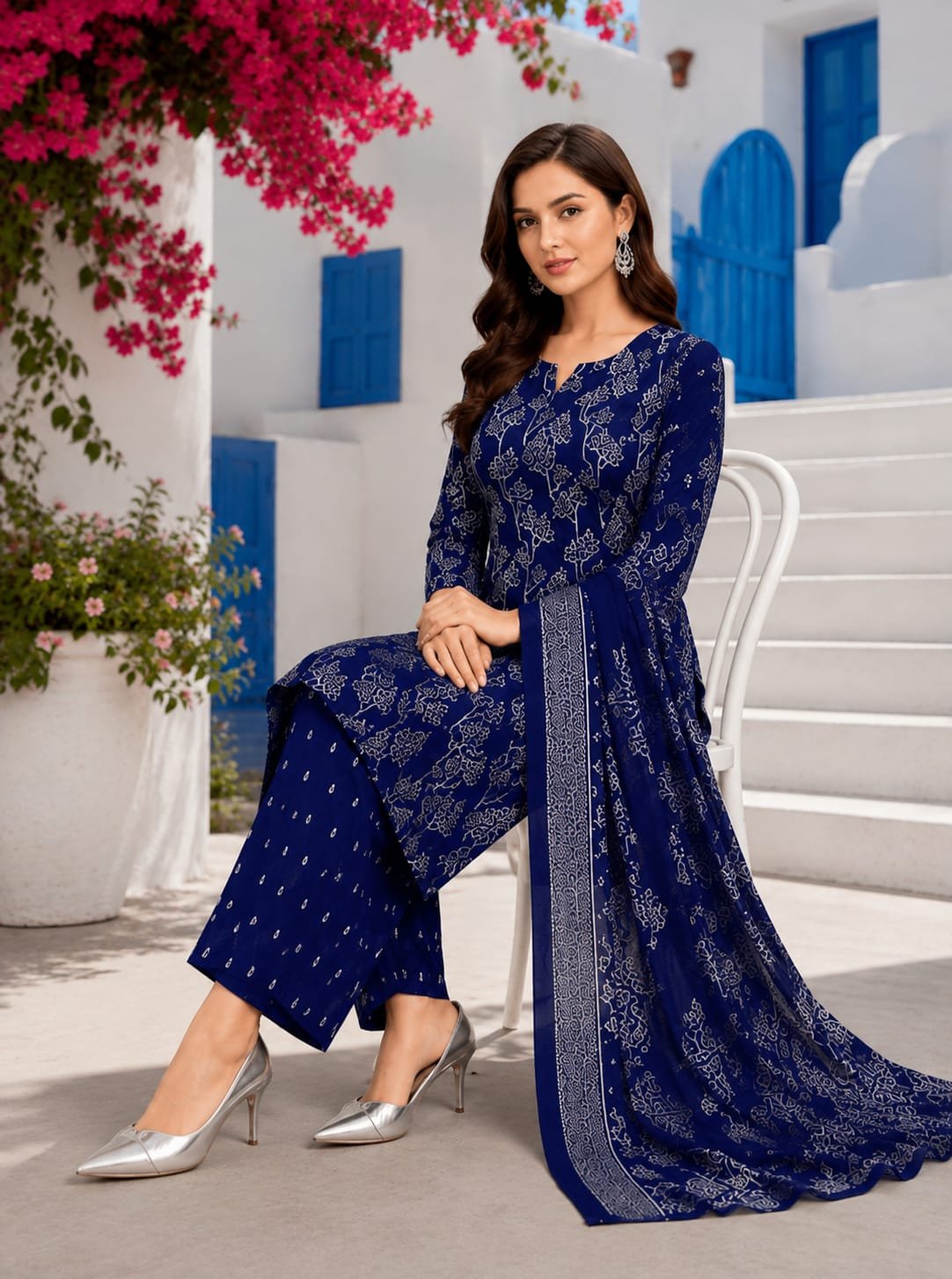 Women's Blue Printed Kurta Pant Set with Dupatta
